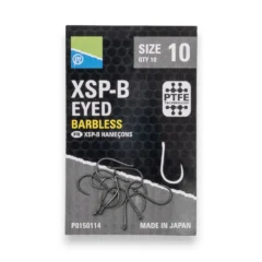 Preston XSP-B Eyed Barbless Hooks in retail packaging showing the PTFE-coated eyed hooks