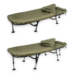 Two Trakker Big Snooze Bed Systems on a white background, showing the legs at their shortest and extended heights