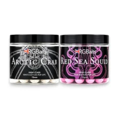 RG Baits Arctic Crab White Edition and Red Sea Squid Pink Edition 15mm Pop-Ups side by side