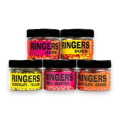 Ringers Micro hookbait collection featuring Duos, Chocolate Yellow, Pink and Chocolate Orange hookbaits on a white background