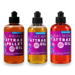 Blakes Baits Attrax Oil range including Prime Attrax Pellet Oil, Hemp Oil and Salmon Oil.