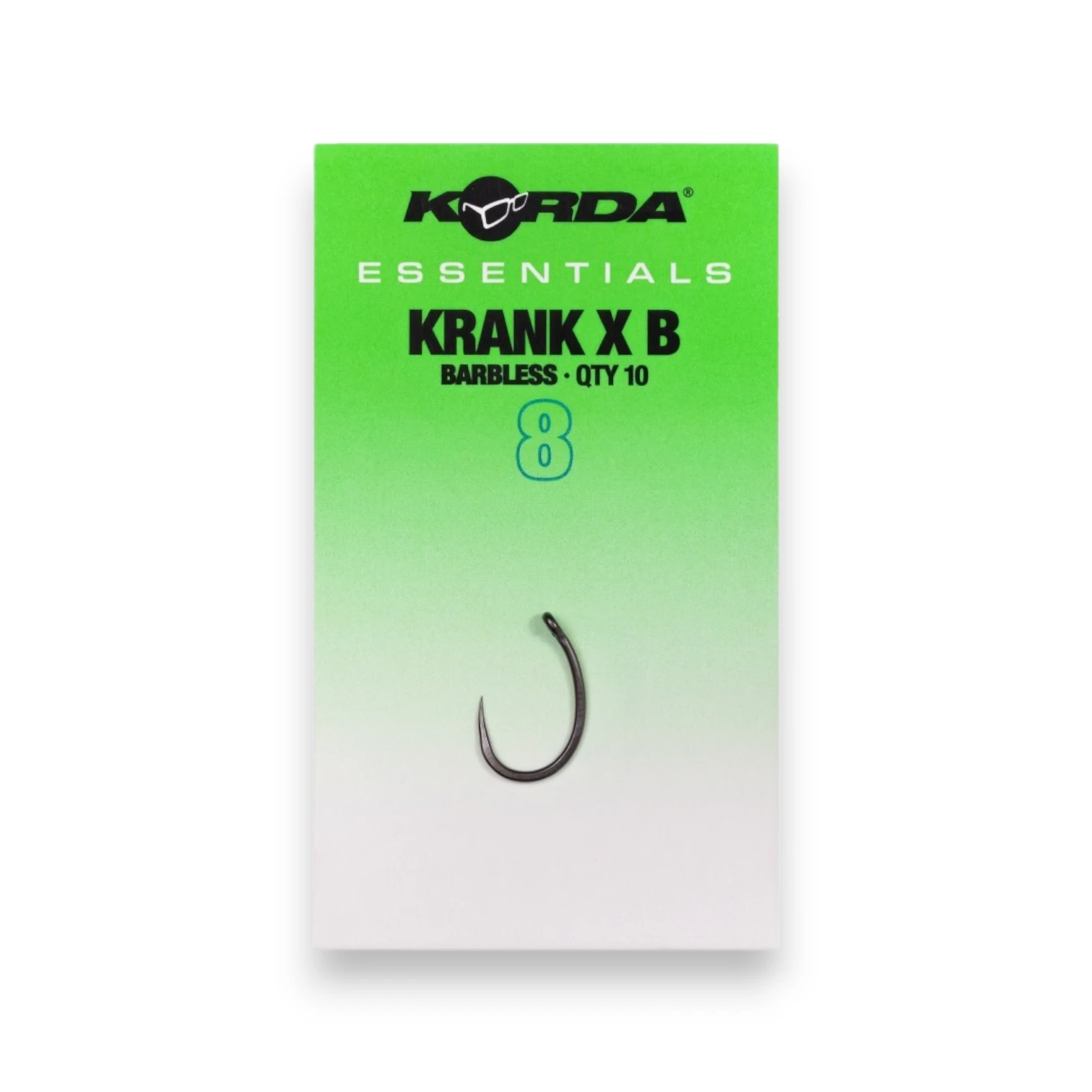 Korda Essentials Kurv X Barbless Hooks Size 8 pack shown on a white background.