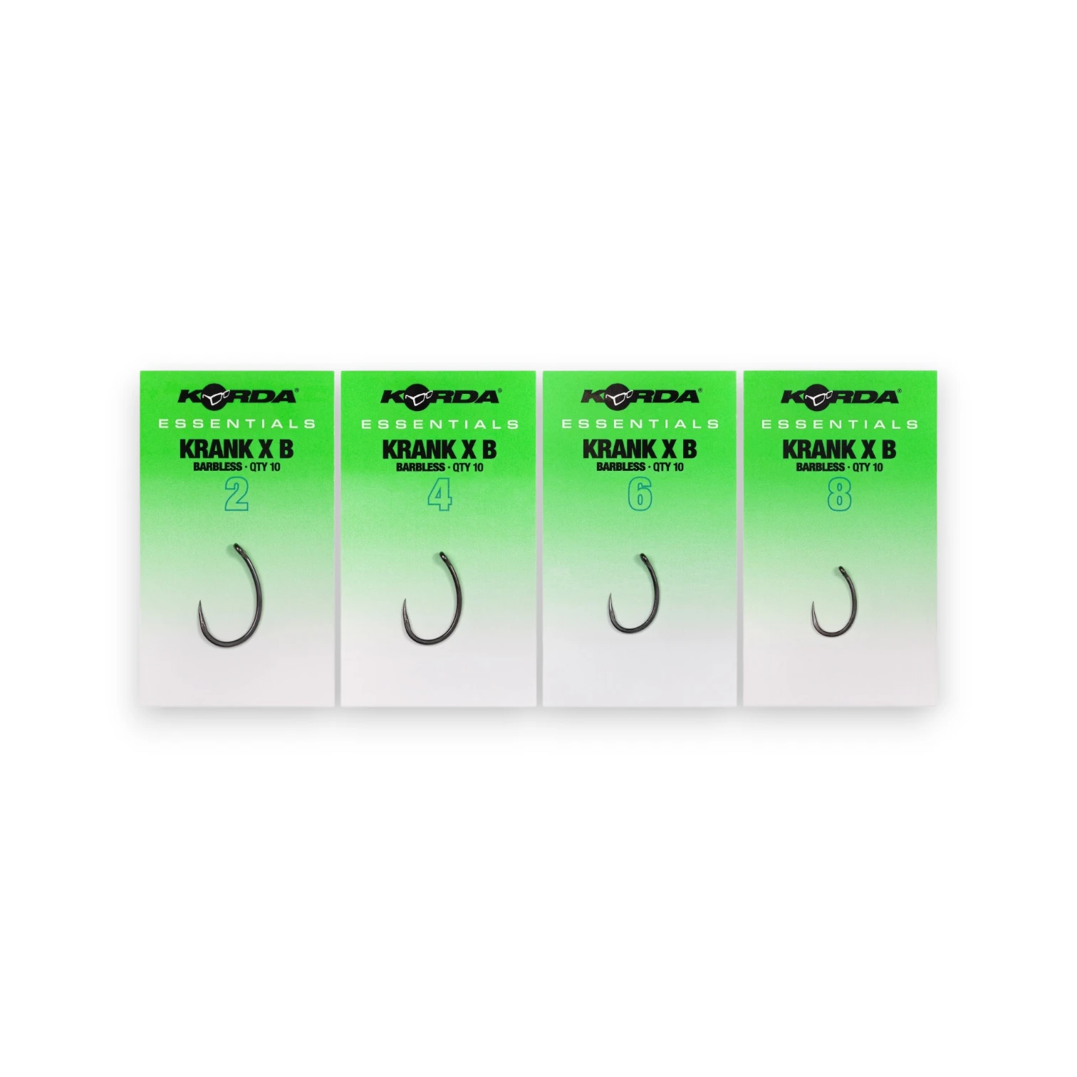 Korda Essentials Kurv X Barbless Hooks range in packaging on a white background.