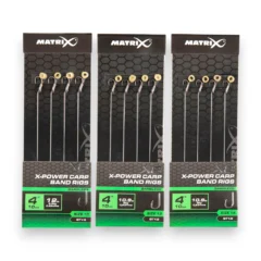 Matrix X8 X-Power Carp 45cm Band Rigs hooklengths on spools in packaging shown on a white background.