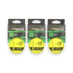 Matrix X8 X-Power Carp 45cm Band Rigs hooklengths on spools in packaging shown on a white background.