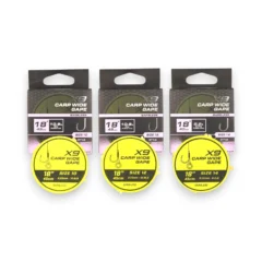 Matrix X9 Carp Wide Gape 45cm Band Rigs hooklengths on spools in packaging shown on a white background.