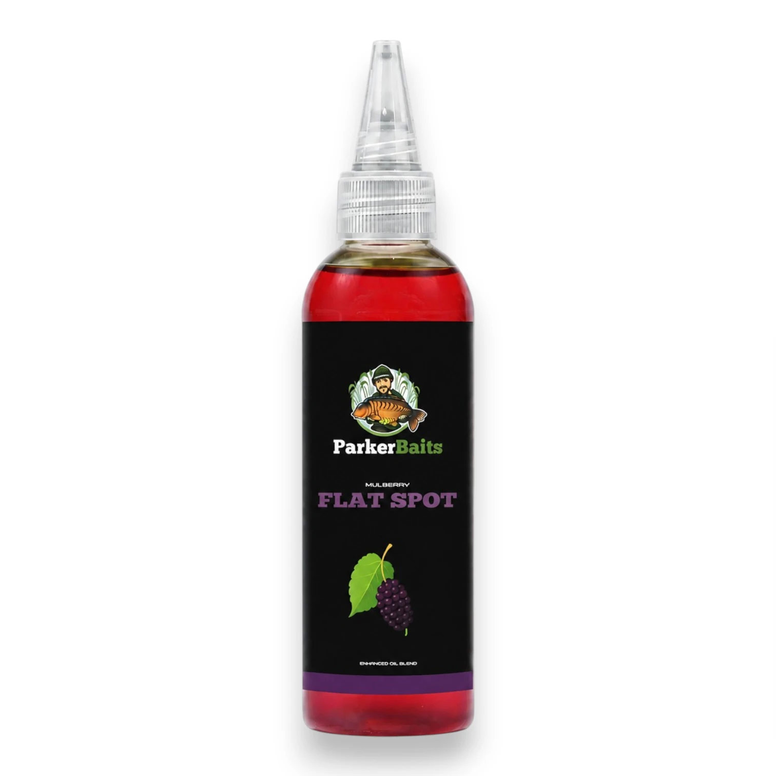 Parker Baits Flat Spot Liquid Mulberry bottle shown individually in the original packaging