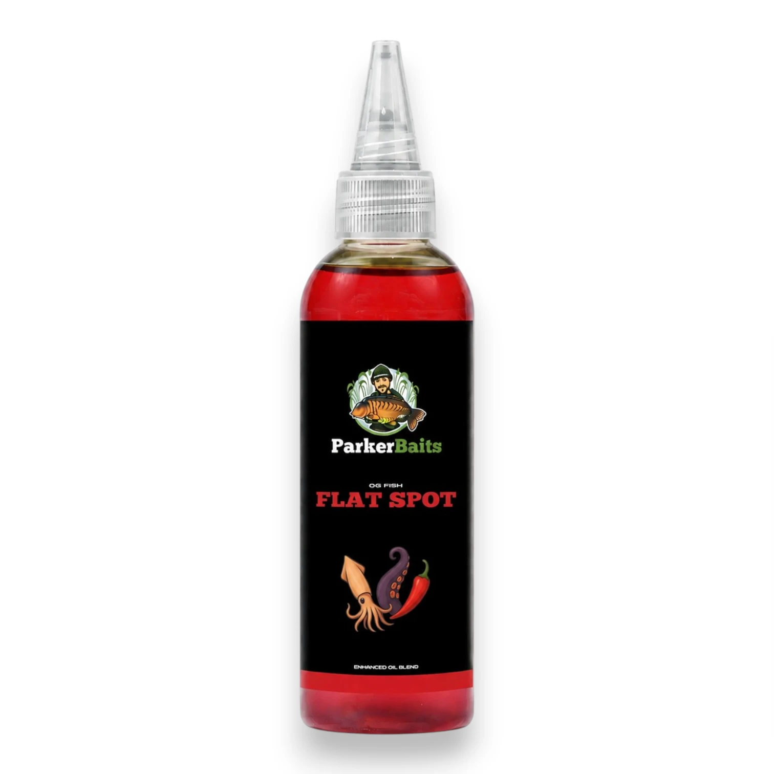 Parker Baits Flat Spot Liquid OG Fish bottle shown individually in the original packaging