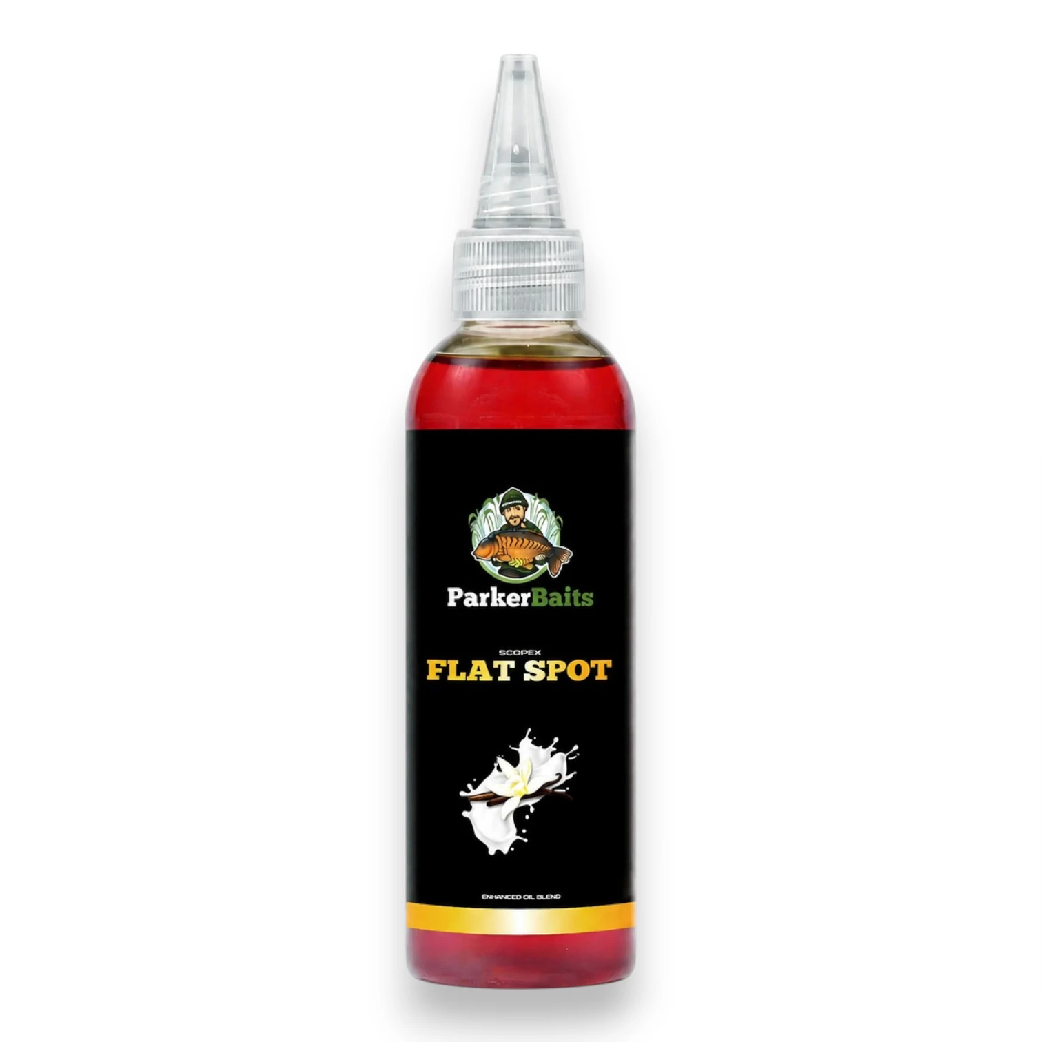 Parker Baits Flat Spot Liquid Scopex bottle shown individually in the original packaging
