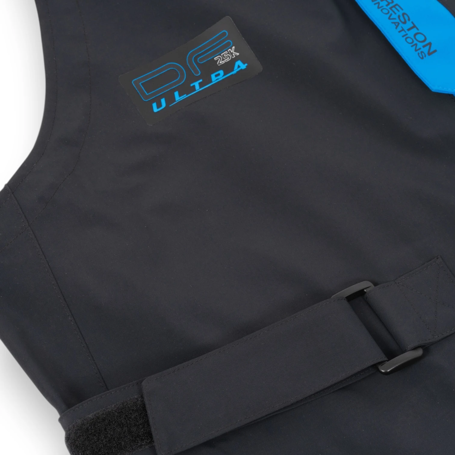 Close-up of the logo on the Preston DF Ultra 25K Bib & Brace.