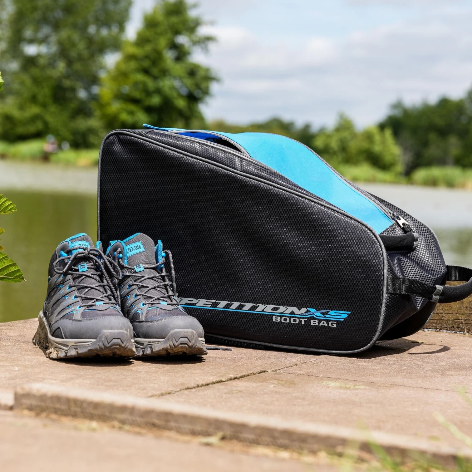Preston Treddex Allterrain Boots shown next to the Preston Competition XS Boot Bag.