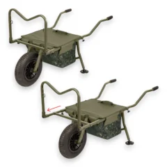Trakker X-Trail T1 Plus Barrow shown in compact and extended positions on a white background.
