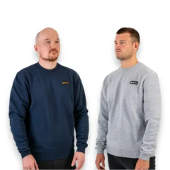 Guru Patch Crewneck Jumpers in Grey and Navy being worn, showing the front view on a white background.