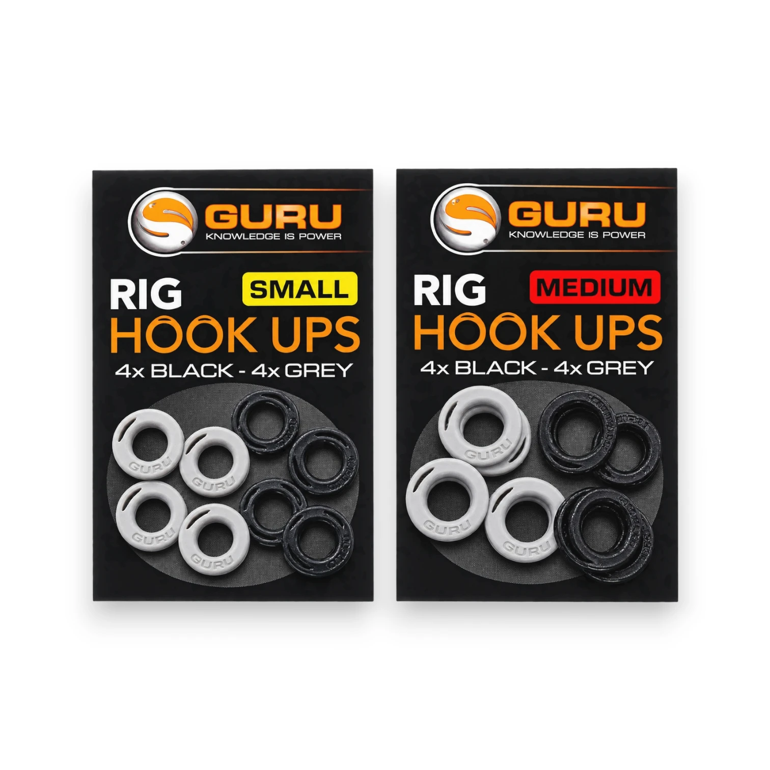Guru Rig Hook Ups full range in packaging shown on a white background.