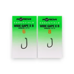 Korda Essentials Wide Gape X Barbless Hooks shown in their packaging on a white background