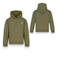 Korda Kids Kore Dark Olive Hoodie shown from the front and back on a white background.
