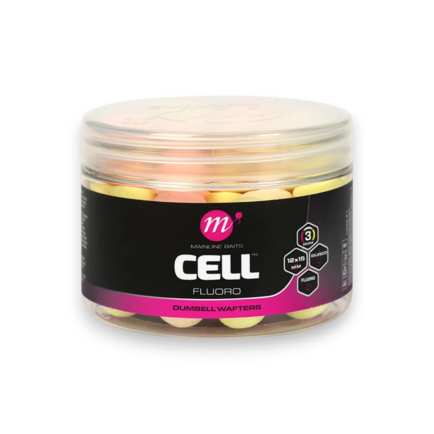 Mainline Cell Fluoro Dumbell Wafters 12 x 15mm displayed on a white background