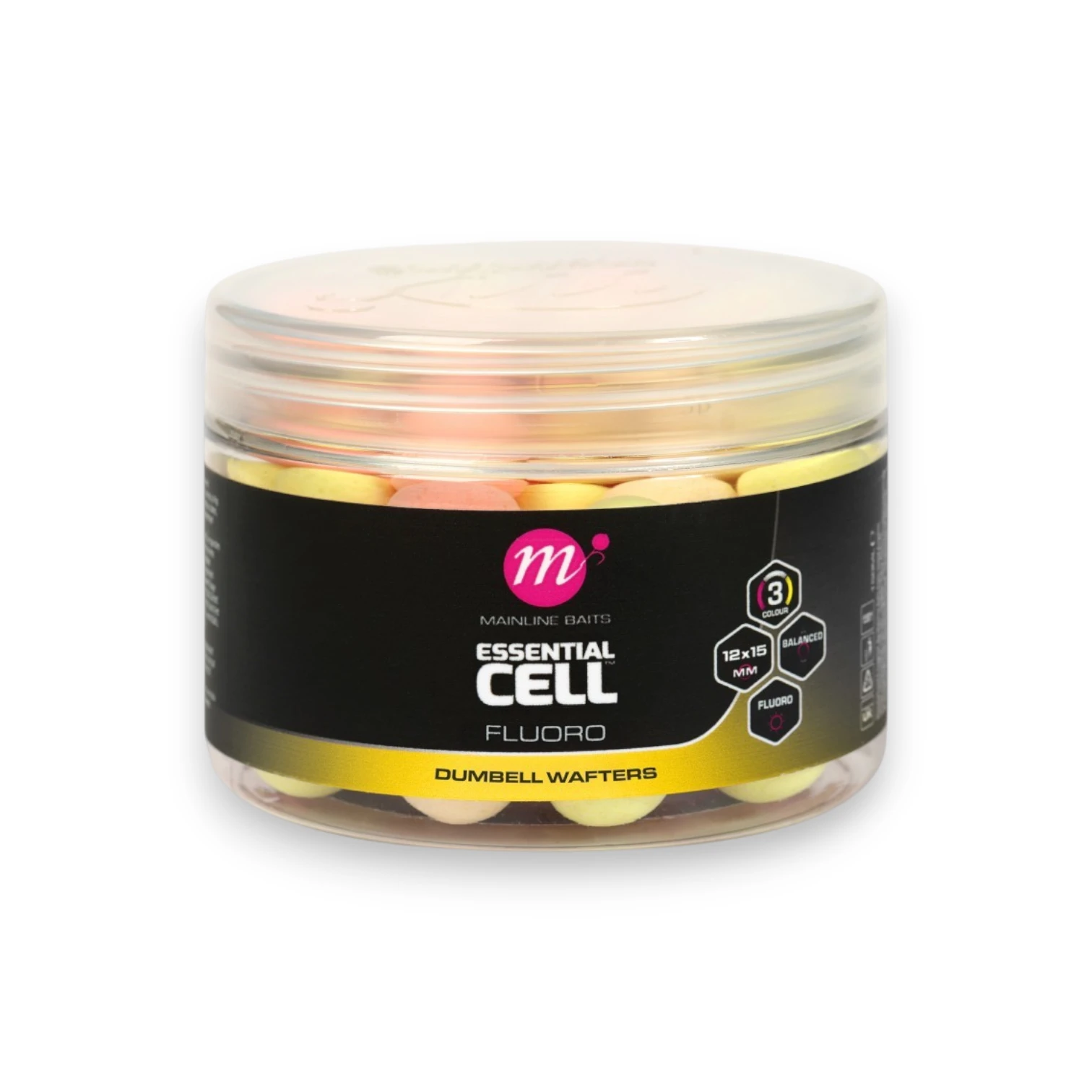 Mainline Essential Cell Fluoro Dumbell Wafters 12 x 15mm displayed on a white background