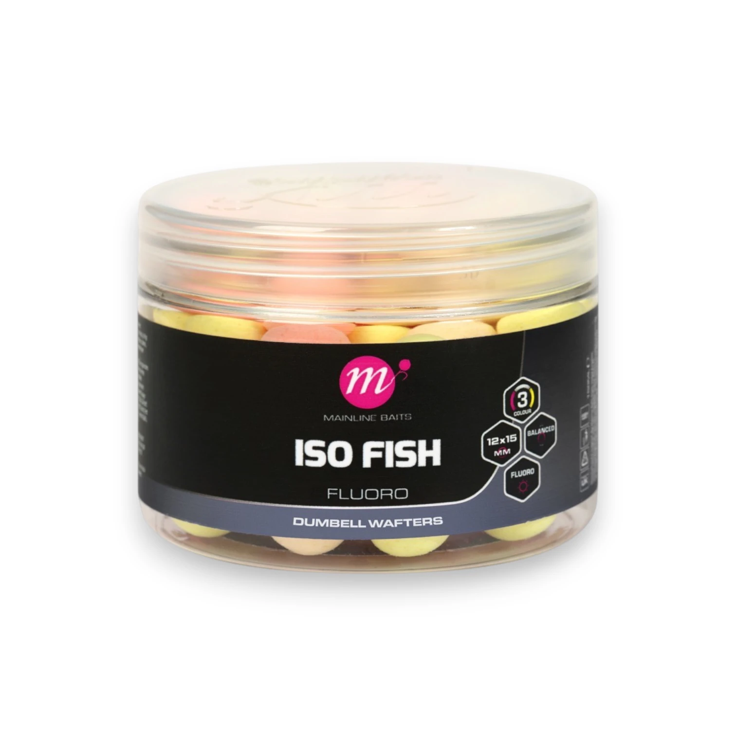 Mainline ISO Fish Fluoro Dumbell Wafters 12 x 15mm displayed on a white background