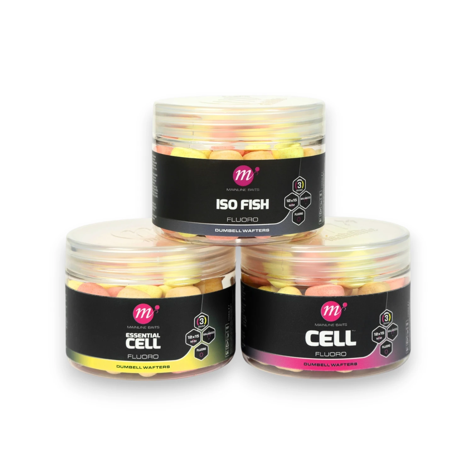 Mainline Essential Cell Fluoro Dumbell Wafters full range displayed on a white background