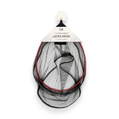 Daiwa Tournament Latex Mesh Net viewed from above on a white background, showing the net shape and latex mesh.