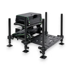Sensas World Champion Carbon SCC36 Seatbox displayed on a white background, featuring a carbon chassis, sliding footrest and black and green design.