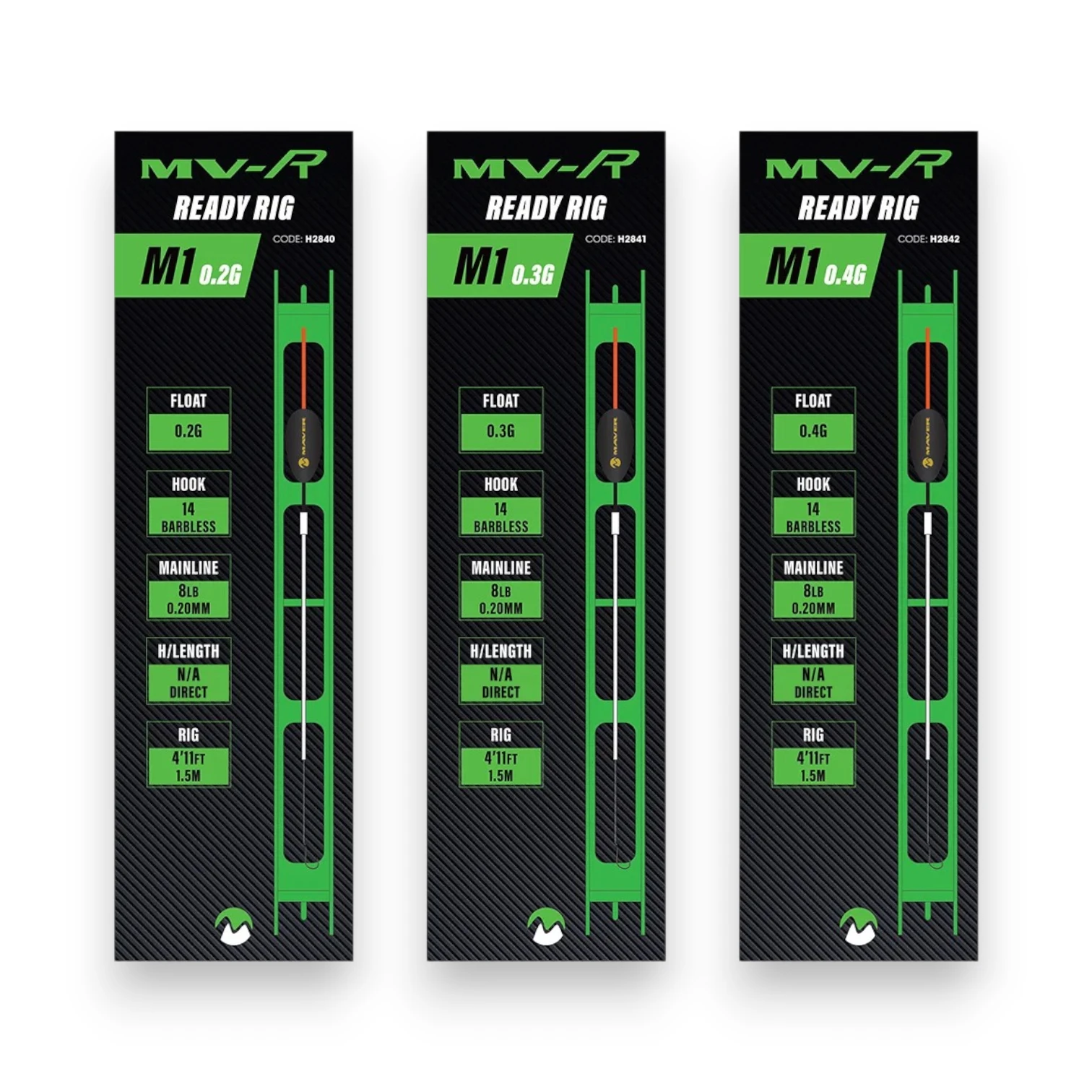 Maver MV-R Barbless M1 Ready Rigs product range showing the available float sizes.